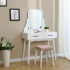 SEA239 - Set Masa alba toaleta cosmetica machiaj oglinda masuta vanity, scaunel, taburet tapitat