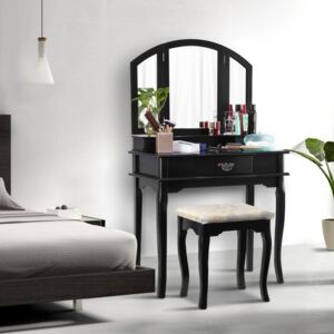 SEN119 - Set Masa neagra toaleta cosmetica machiaj oglinda masuta vanity, scaunel, taburet tapitat