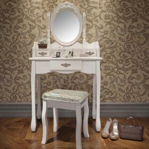 SEA406 - Set Masa alba toaleta cosmetica machiaj oglinda masuta vanity, scaunel, taburet tapitat