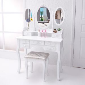 SEA400 - Set Masa alba toaleta cosmetica machiaj oglinda masuta vanity cu scaunel taburet tapitat