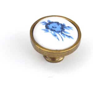 Buton pentru mobilier cu insertie ceramica floare albastra finisaj auriu antichizat