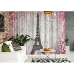 Fototapet - Eiffel Tower Paris Pink Roses Flowers Vintage Wood Planks Vliesová tapeta - 416x254 cm