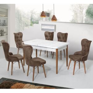 Set masa extensibila cu 6 scaune bej tapitate maro Valentina Homs 170 x 80 cm