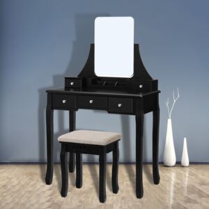 Set Isabela Masă de toaletă pentru machiaj cu scaun, oglindă, 5 sertare și organizator, Negru