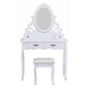 Set Clara Masă de toaletă pentru machiaj cu scaun, oglindă și 4 sertare, Alb