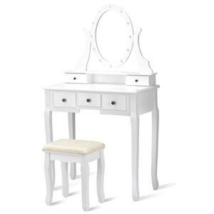 Set Ioana Masă de toaletă pentru machiaj, oglindă cu LED uri, 5 sertare și scaun, alb