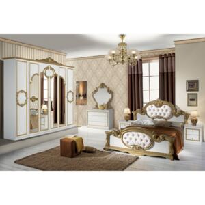 Dormitor Barocco Bianco, alb/auriu, pat 160x200 cm, dulap cu 6 usi, comoda, 2 noptiere