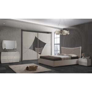 Dormitor Atom, bej/gri, pat 160x200 cm, dulap cu 2 usi culisante, comoda, 2 noptiere