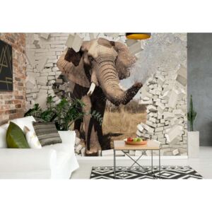 Fototapet - Elephant Bursting Through Brick Wall Vliesová tapeta - 416x254 cm
