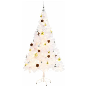 Pom de Crăciun artificial decorat cu globuri și LED 150cm alb