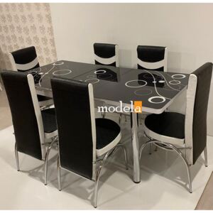 Set Masa extensibila cu 6 scaune BUBBLE pentru bucatarie negru, 170x80x70 cm, blat sticla securizata, scaune piele eco