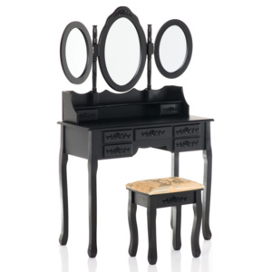 SEN501 - Set Masa neagra toaleta cosmetica machiaj oglinda masuta, scaun taburet tapitat