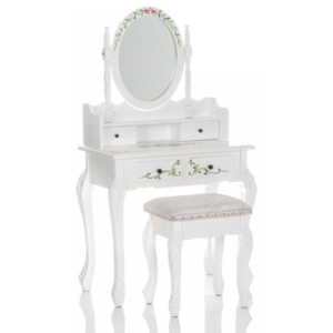 SEA503 - Set Masa alba toaleta cosmetica machiaj oglinda masuta, scaunel taburet tapitat