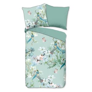 Lenjerie de pat din bumbac organic pentru pat dublu Descanso Flowery, 200 x 200 cm, verde