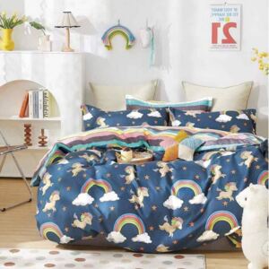 Lenjerie de pat pentru copii, 1 Persoana, 4 Piese, Bumbac Finet Premium, Rainbow, Albastru, JOW31016FN
