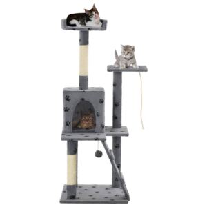 Ansamblu pisici, stâlpi funie sisal 120 cm, gri imprimeu lăbuțe