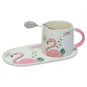 Ceașcă cu farfurie ovală și linguriță, model Flamingo