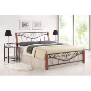 Cadru pat metalic 140 x 200 cu insertii lemn Parma, negru/cires antic