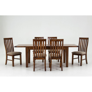 Set masa extensibila din lemn de salcam + 6 scaune cu sezut tapitat cu stofa Emerson Brown, L160-230xl90xH77 cm