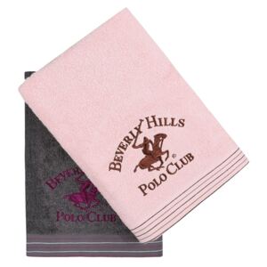 Set Prosoape De Baie Beverly Hills Polo Club Dark Grey Pink, 100% bumbac, 2 bucati, gri inchis, roz, 70x140 cm