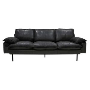 Sofa Retro din Piele cu Trei Locuri si Picioare Metalice Negre - Piele Negru Diametru ( 225 cm x 83 cm x 95 cm)