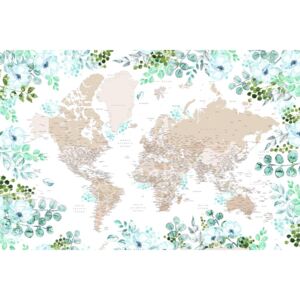 Ilustrare Floral bohemian world map with cities, Leanne, Blursbyai