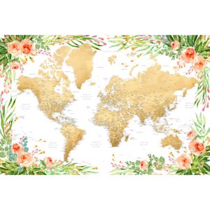 Ilustrare Floral bohemian world map with cities, Blythe, Blursbyai