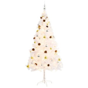 Pom de Crăciun artificial decorat cu globuri și LED 180cm alb