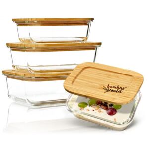 Klarstein Set recipiente pătrate pentru depozitarea alimentelor, sticlă, capac din bambus, 4 bucăți, diferite dimensiuni