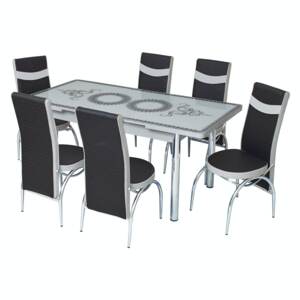 Set masa extensibila cu 6 scaune Arta Table Oriental White, pal melaminat + piele ecologica, alb + negru, 169 x 80 cm