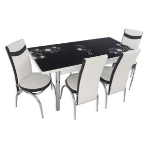 Set masa extensibila cu 4 scaune, MDF, blat sticla securizata, alb + negru