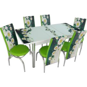 Set masa extensibila cu 6 scaune Arta Table Daisy, Pal melaminat, alb + verde cu flori, 169 x 80 cm
