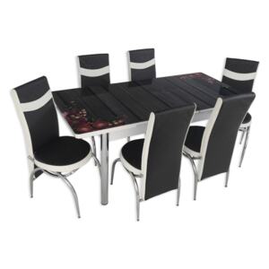 Set masa extensibila cu 6 scaune Arta Table Flori de camp, pal melaminat + piele ecologica, negru + alb, 169 x 80 cm