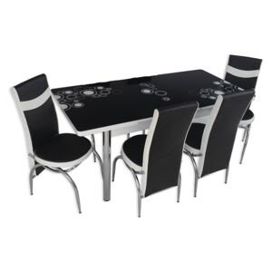 Set masa extensibila cu 4 scaune, MDF, blat sticla securizata, negru, alb