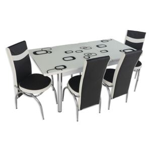 Set masa extensibila, 4 scaune, alb/patrat – alb/negru