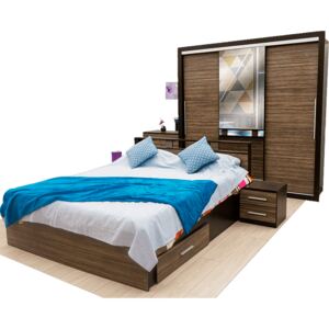 Dormitor modern Ruxandra, PAL melaminat, pat + dulap + noptiere + comoda, wenge-zebrano