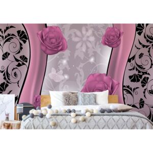 Fototapet - Pink Roses Floral Design Pink And Silver Vliesová tapeta - 206x275 cm