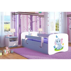 Patul pentru copii cu șină de pat cu tema unui elefant-albastru LOKI Elephant 140x70 cm pat fără spațiu de depozitare