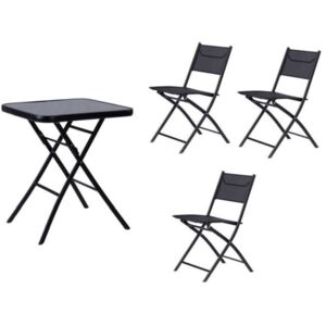 Set masuta pliabila, patrata, 60x60 cm cu 3 scaune pliabile pentru terasa, gradina sau balcon, culoare negru