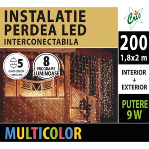 Instalatie decorativa Craciun tip perdea, Cris, 200 LED-uri multicolor, 1.8 x 2 m, interior / exterior, alimentare la retea