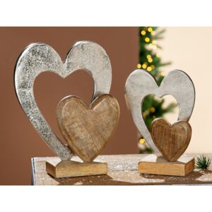 Decoratiune inimi, aluminiu lemn, argintiu maro, 16x23x7.5 cm