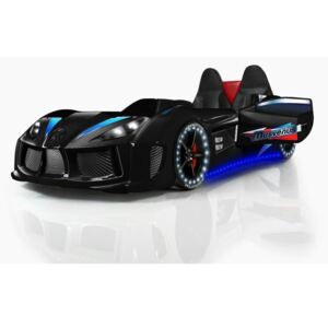 Pat în formă de automobil cu lumini LED pentru copii Racero, 90 x 190 cm, negru