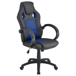 Scaun birou design ergonomic AAOS-9323, 106 - 114 x 60 x 67 cm, plastic, piele sintetica poliuretan, negru/albastru, cu cotiere pentru un confort sporit