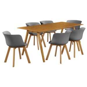 [en.casa]® Masa de bucatarie/salon bambus design Model 2, MDF/bambus/lemn de fag, 180 x 80 x 76 cm cu 6 scaune, culoarea bambusului/gri