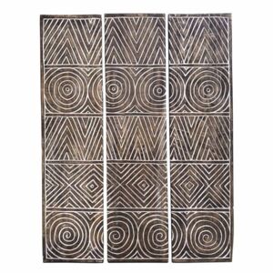 Set 3 panouri decorative din lemn de tec Moycor Geometric, 110 x 140 cm