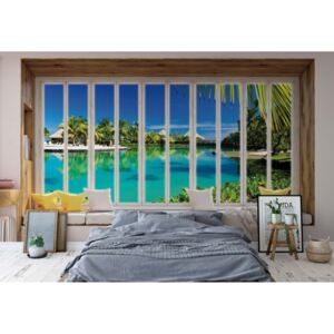 GLIX Fototapet - 3D Window View Tropical Lagoon Papírová tapeta - 368x280 cm