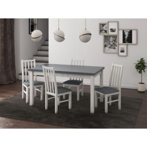 Set masa living Modena1 BG cu 4 scaune Boss10 B11, alb/grafit, extensibila 140/180 cm, lemn masiv/stofa/pal