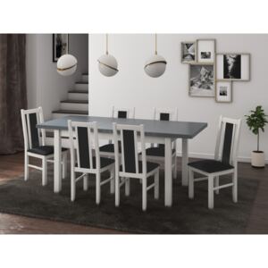 Set masa living Modena1 BG cu 6 scaune Boss14 B24Z, alb/grafit, extensibila 140/180 cm, lemn masiv/stofa/pal