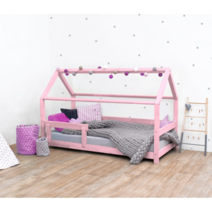 Pat pentru copii, din lemn de molid cu bariere de protecție laterale Benlemi Tery, 90 x 180 cm, roz