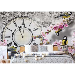 Fototapet - Birds, Clock, And Cherry Blossom Floral Vintage Design Vliesová tapeta - 208x146 cm